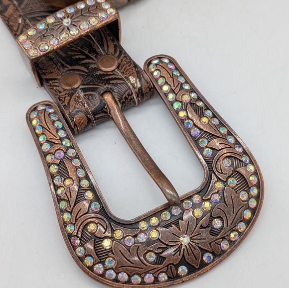 RODS Brown Blue Beaded Rhinestone Leather Belt XL main image 4